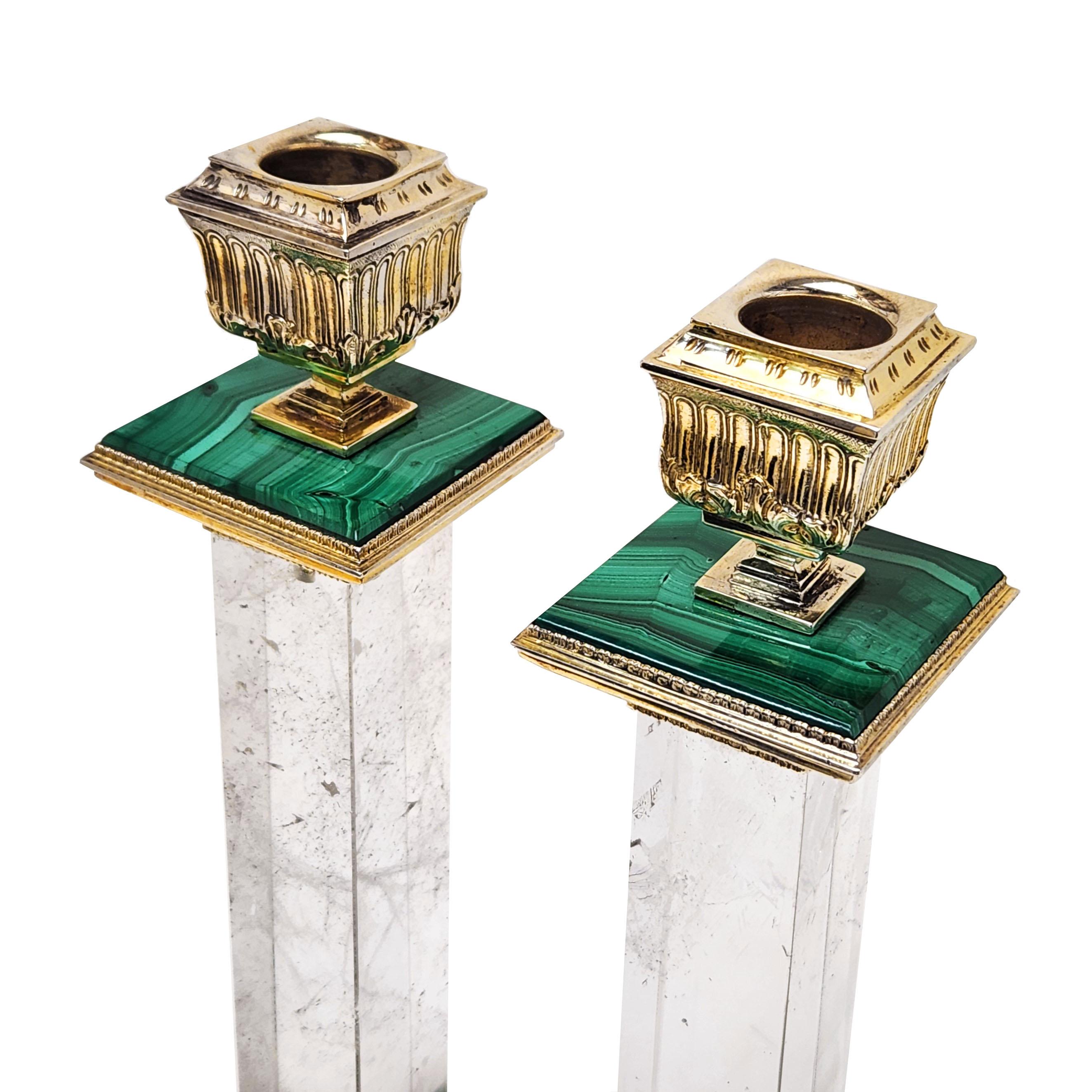 Pair Vintage Italian Silver Gilt, Rock Crystal & Malachite Candlesticks c. 1950 In Good Condition For Sale In London, GB