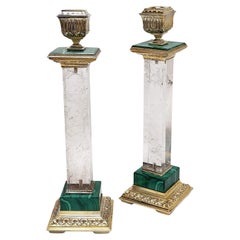 Paar italienische Vintage-Kerzenständer aus vergoldetem Silber, Bergkristall und Malachit, um 1950