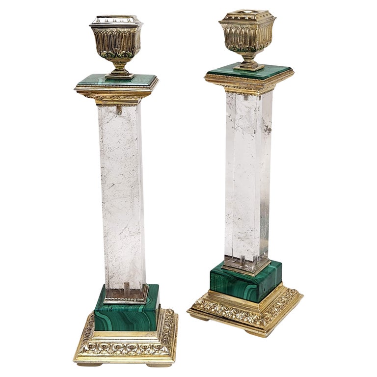Pair Vintage Italian Silver Gilt, Rock Crystal & Malachite Candlesticks c. 1950