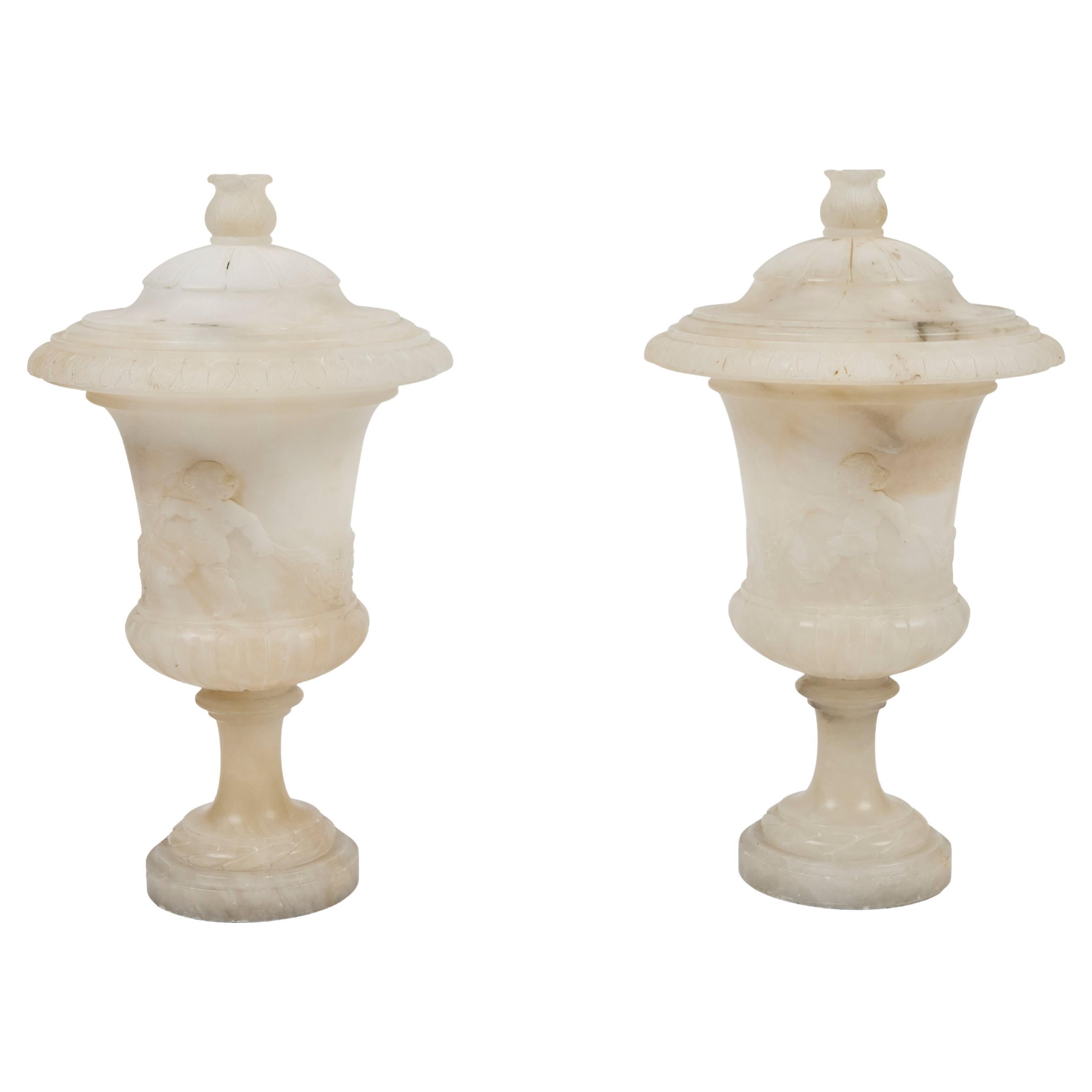 Pair Vintage Italian Small Lidded Urn Alabaster Lamps