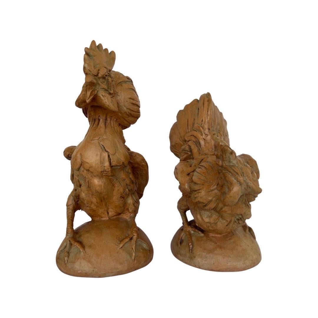 Pair, Vintage Italian Terracotta Opposing Rooster Statues In Good Condition For Sale In Atlanta, GA