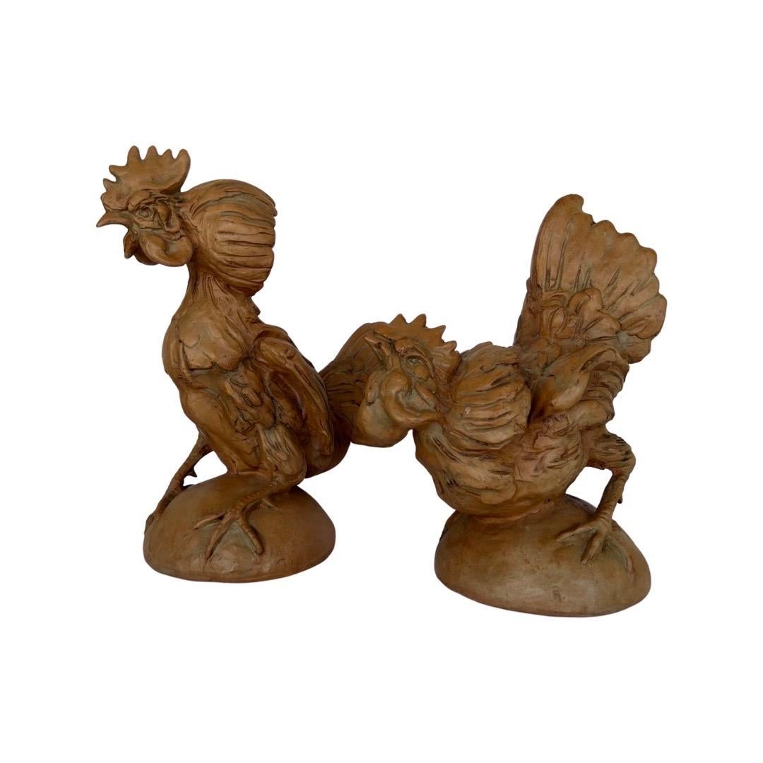 20th Century Pair, Vintage Italian Terracotta Opposing Rooster Statues For Sale