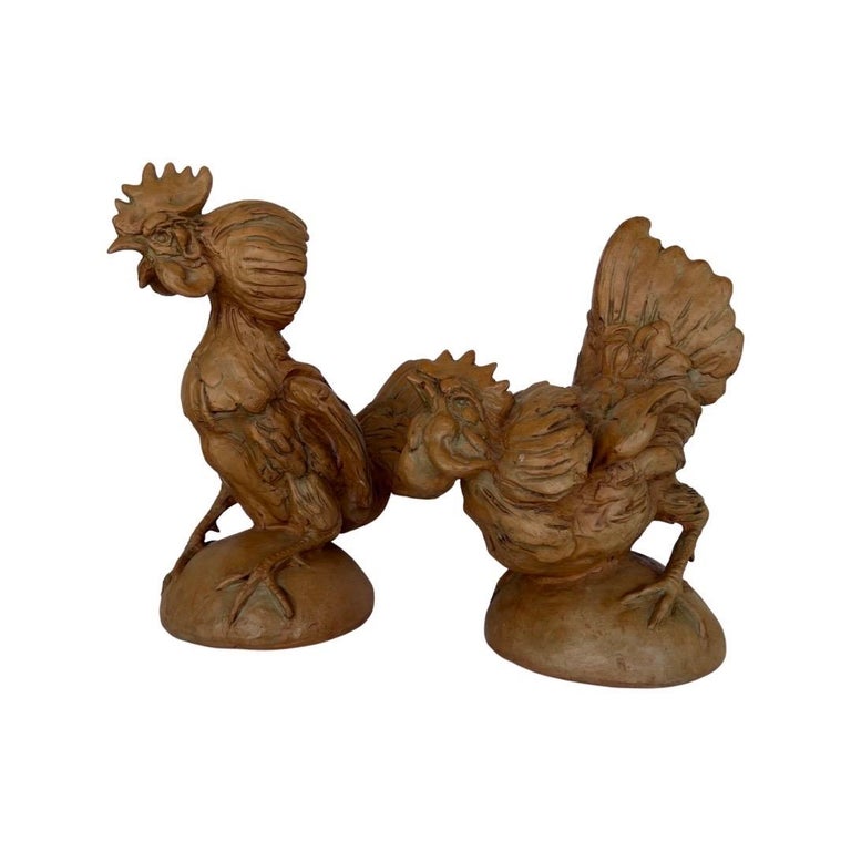 Pair, Vintage Italian Terracotta Opposing Rooster Statues For Sale at
