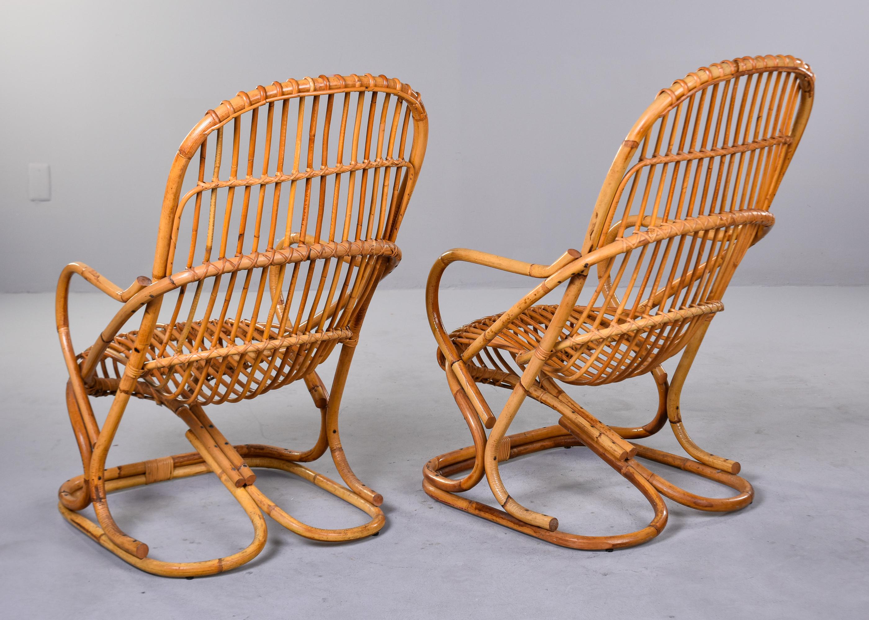 Paar italienische Tito Agnoli-Rattan-Stühle im Vintage-Stil  (Mitte des 20. Jahrhunderts) im Angebot