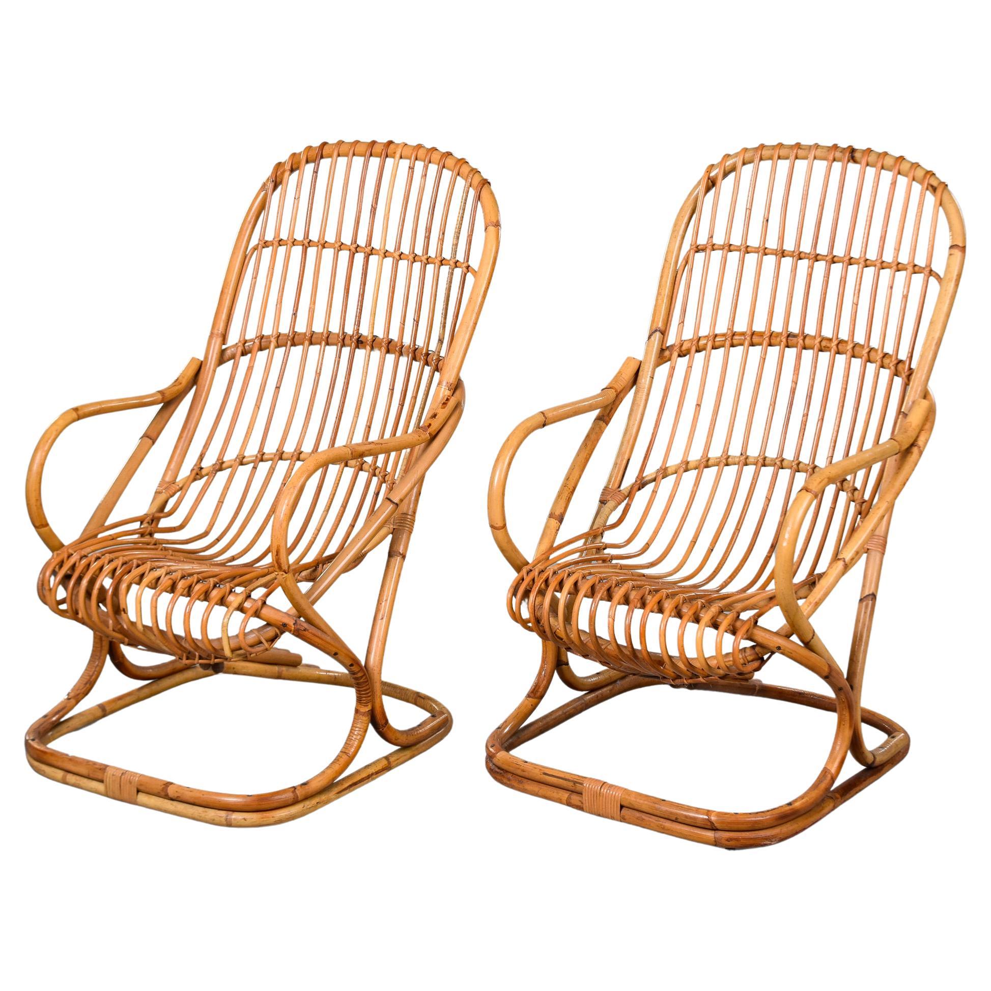 Pair Vintage Italian Tito Agnoli Rattan Chairs
