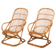 Pair Vintage Italian Tito Agnoli Rattan Chairs
