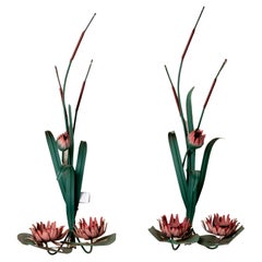 Pair Vintage Italian Tole Painted Water Lilly Candle Sconces
