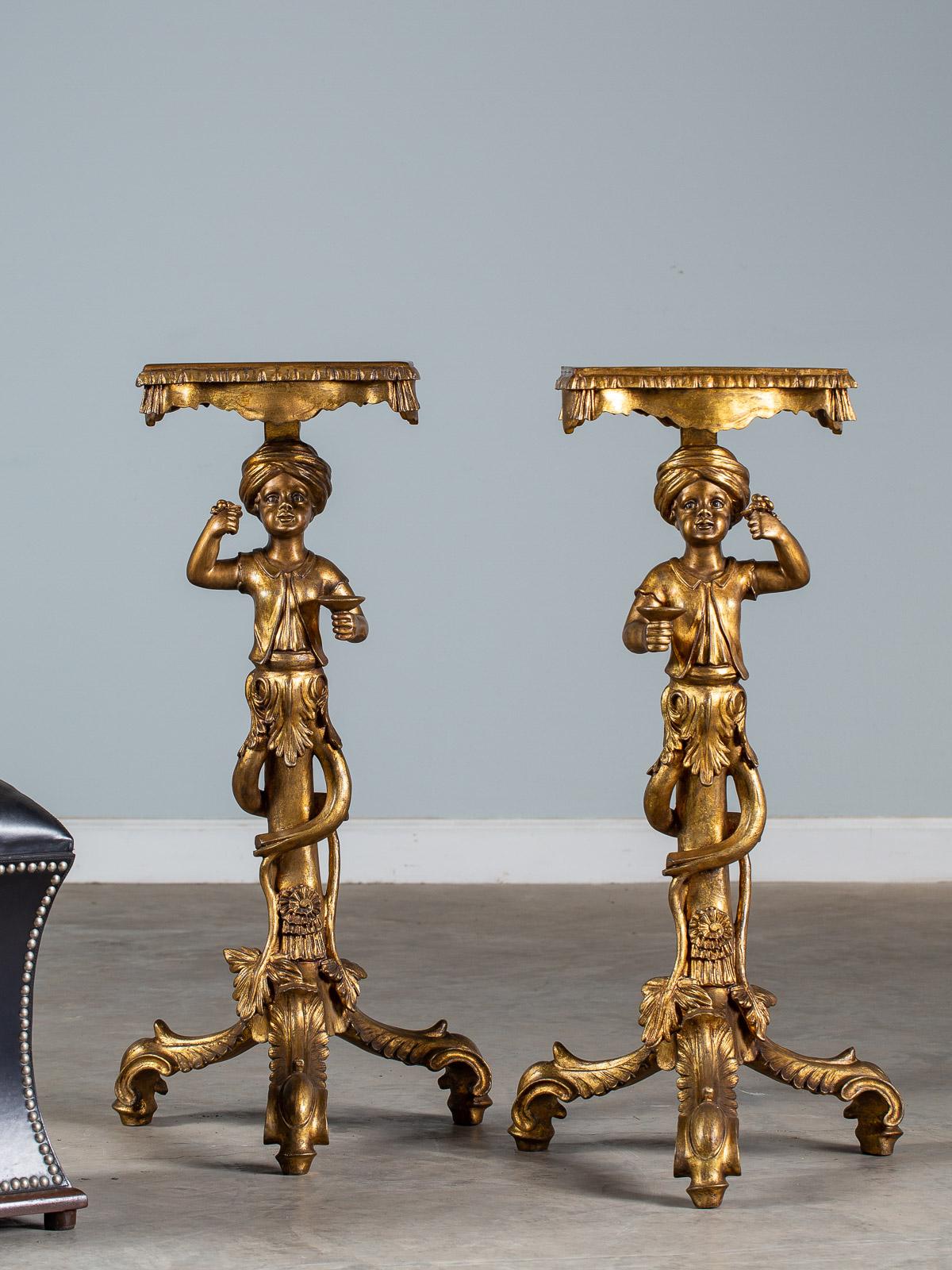 Baroque Pair Vintage Italian Venetian Gilt Blackamoor Figures Pedestal Column circa 1950 For Sale