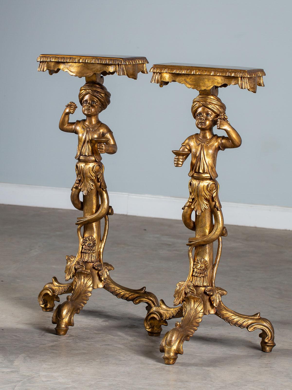 Cast Pair Vintage Italian Venetian Gilt Blackamoor Figures Pedestal Column circa 1950 For Sale
