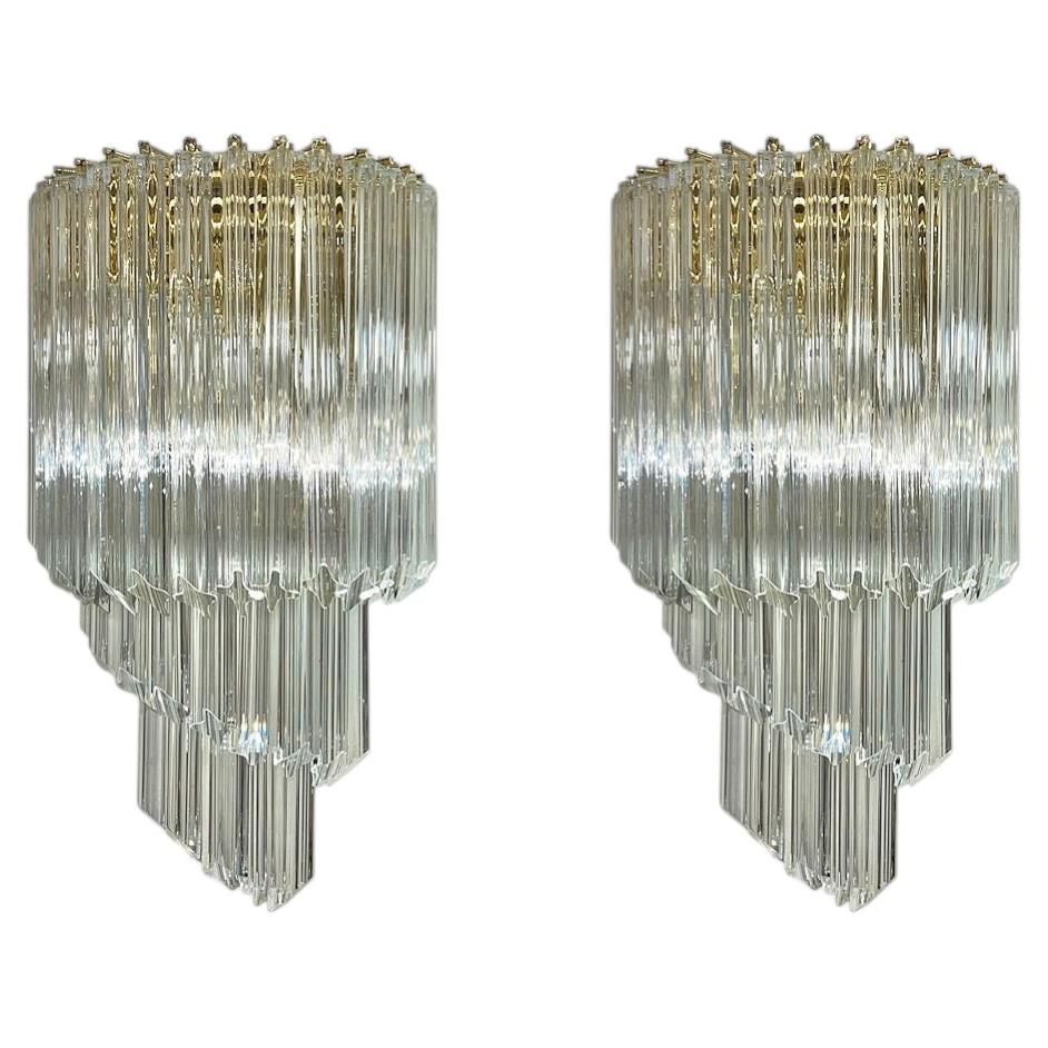 Pair Vintage Italian Venetian Murano Quadriedri Glass and Brass Sconces