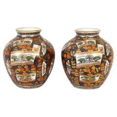 Pair Vintage Japanese Imari Hand Painted Porcelain Vases, Mid-20th Century