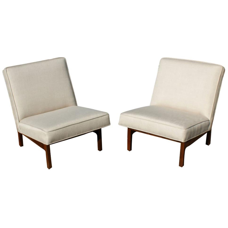 Pair of Vintage Jens Risom Walnut Lounge Slipper Chairs
