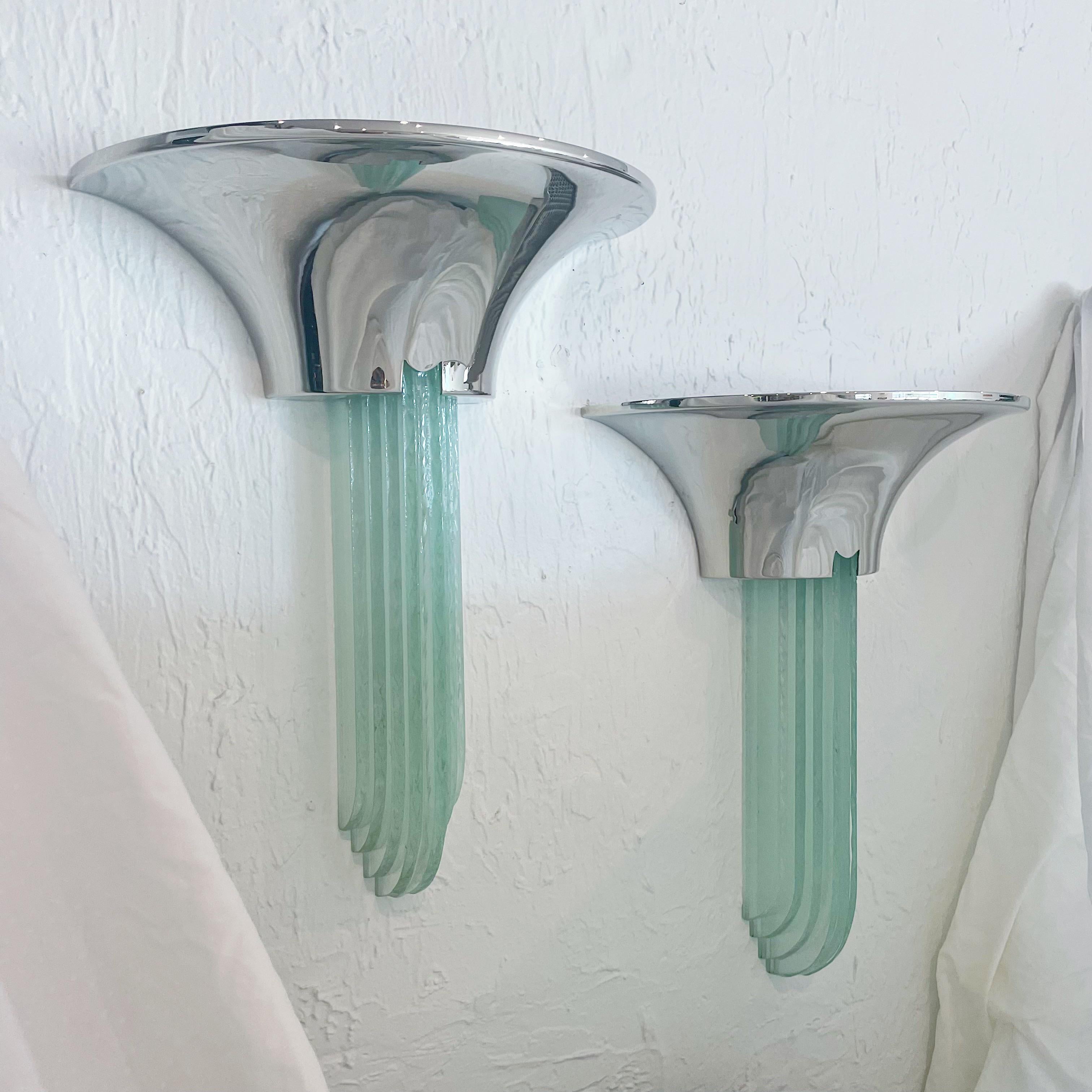 Pair of hand chipped green glass sconces with polished stainless steel by Karl Springer, after Jean Perzel. With inset metal mesh light diffuser.