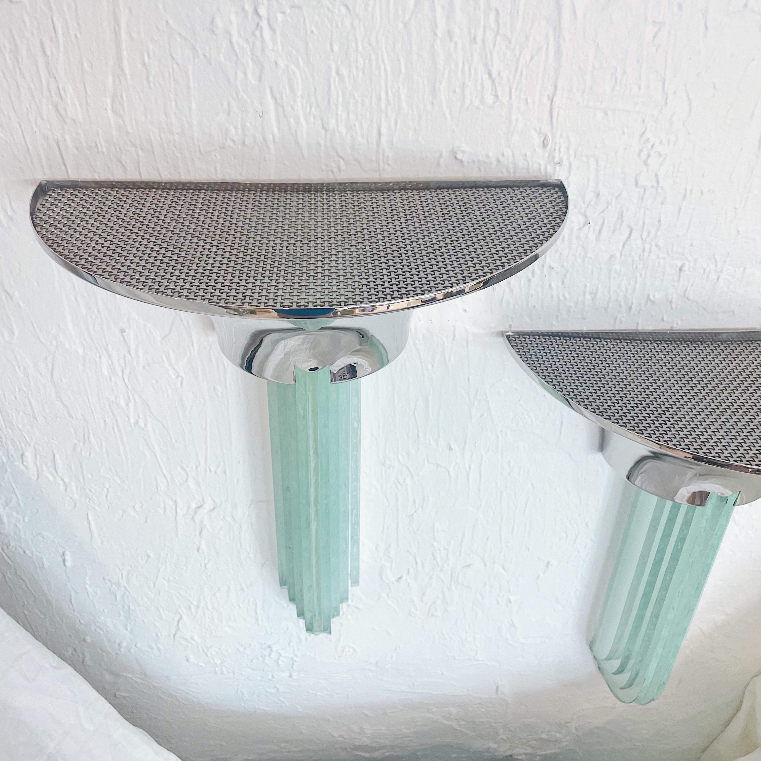 Pair Vintage Karl Springer Hand Chipped Glass & Polished Steel Percell Sconces In Good Condition In West Palm Beach, FL