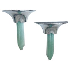 Pair Vintage Karl Springer Hand Chipped Glass & Polished Steel Percell Sconces