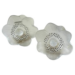 Pair Vintage Lalique Crystal Anémone Flower Paperweights