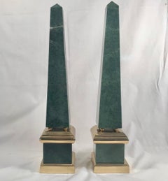 Pair of Vintage Large Green Obelisks, Brass Mounted