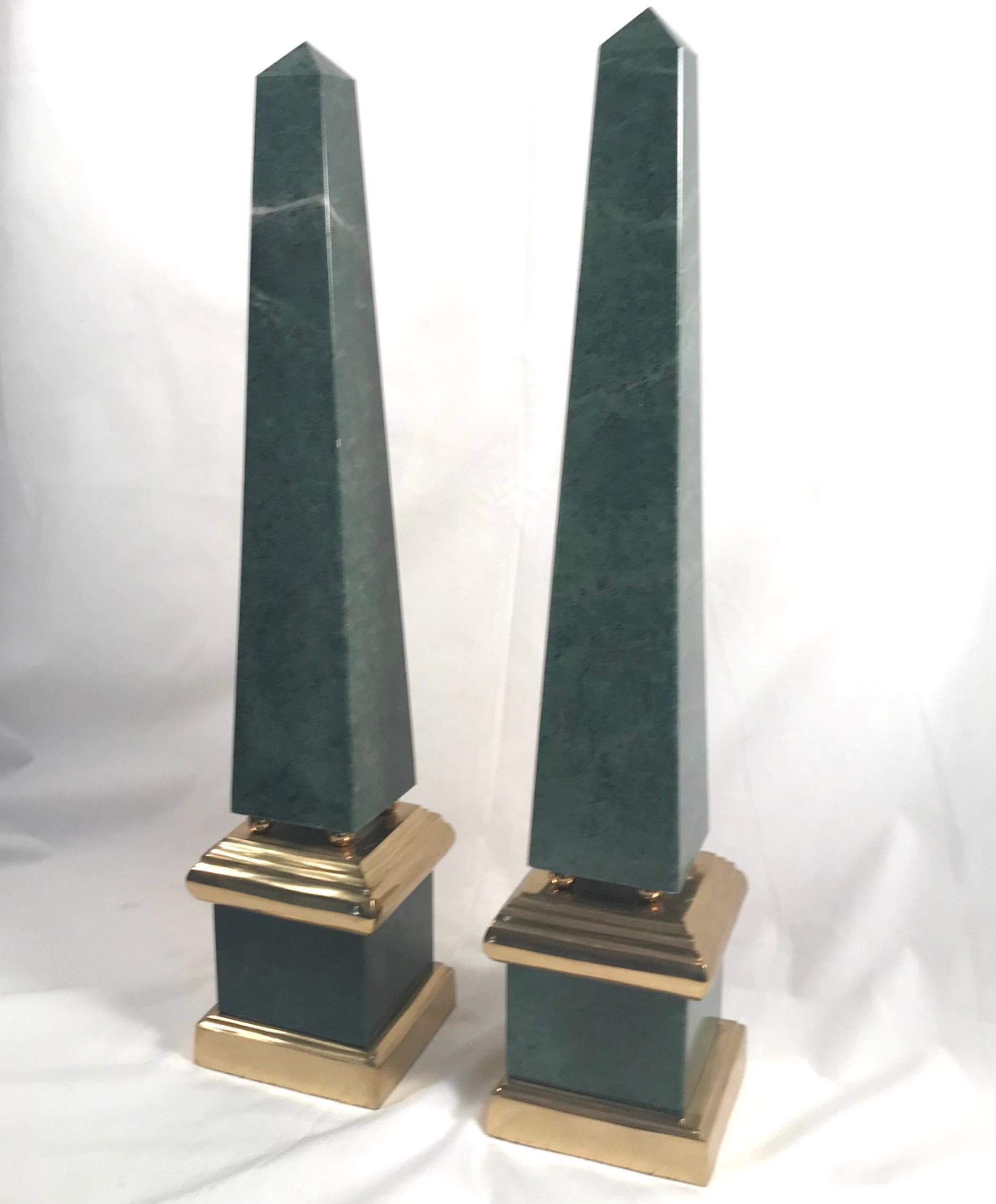 Egyptian Pair of Vintage Large Green Obelisks, Brass Mounted For Sale