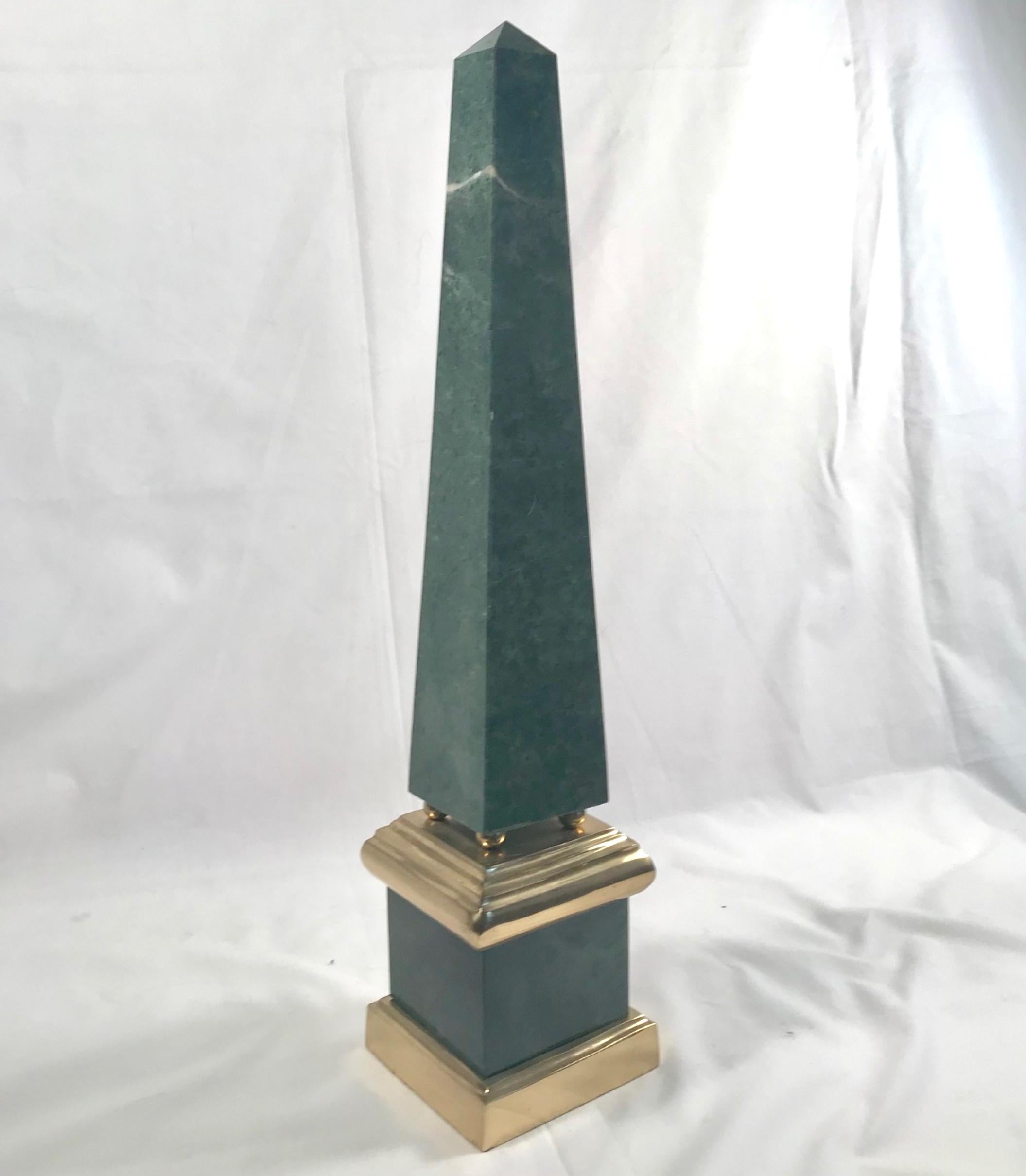 European Pair of Vintage Large Green Obelisks, Brass Mounted For Sale