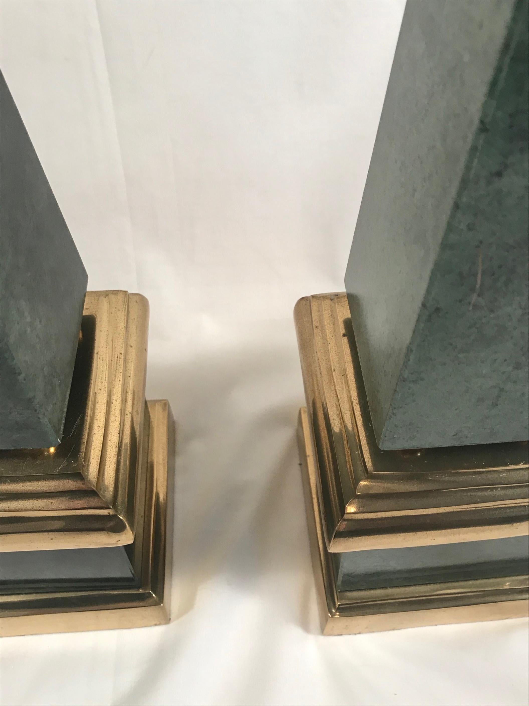 20th Century Pair of Vintage Large Green Obelisks, Brass Mounted For Sale