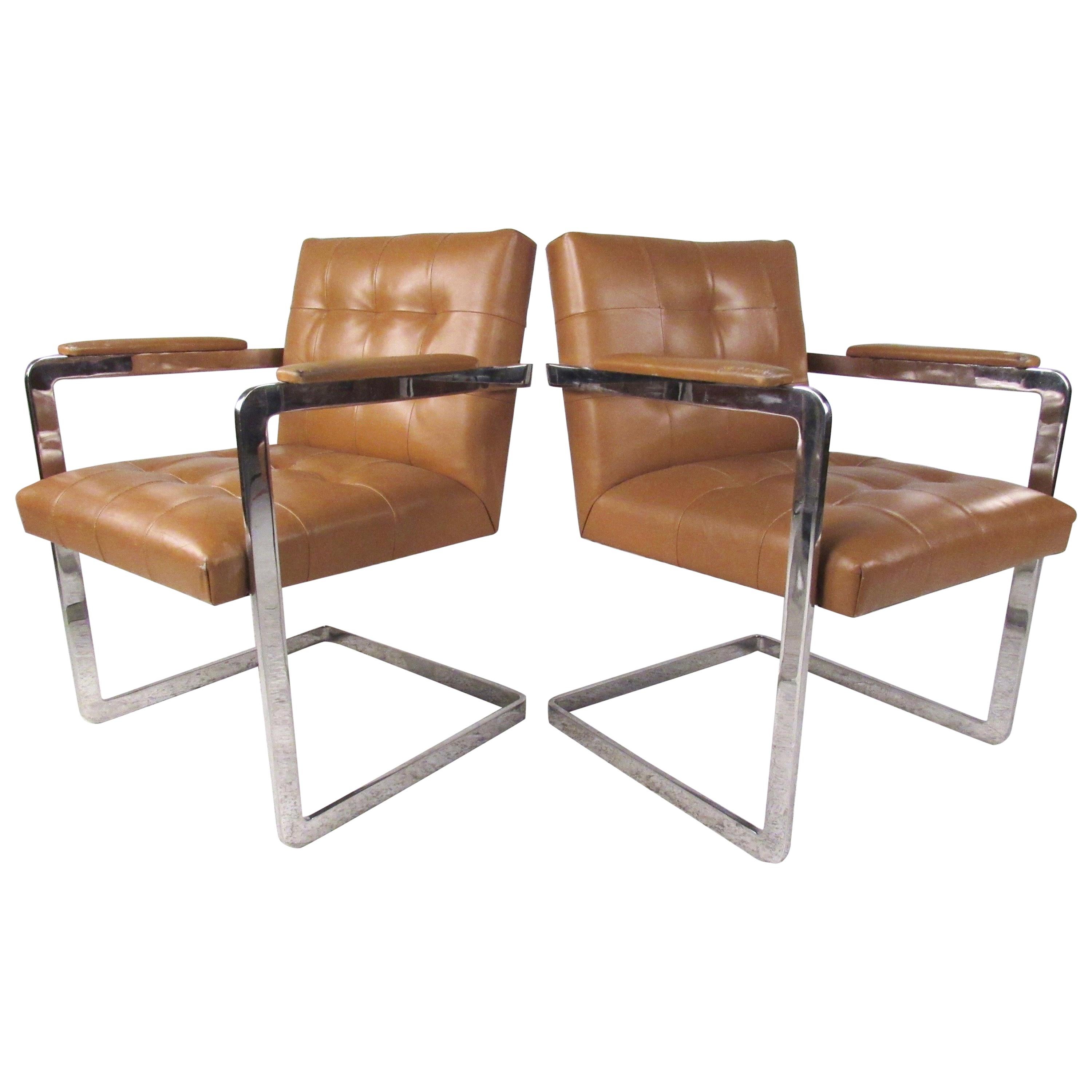 Pair Vintage Leather And Chrome Chairs, Leather Vintage Chair