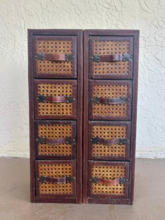 Pair Vintage Leather & Cane Four Drawer Apothecary Chests, 1980s