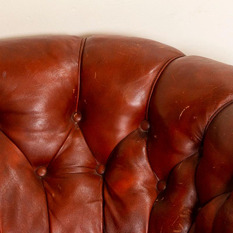Pair, Vintage Leather Chesterfield Barrel Back Club Chairs from England In Good Condition In Round Top, TX