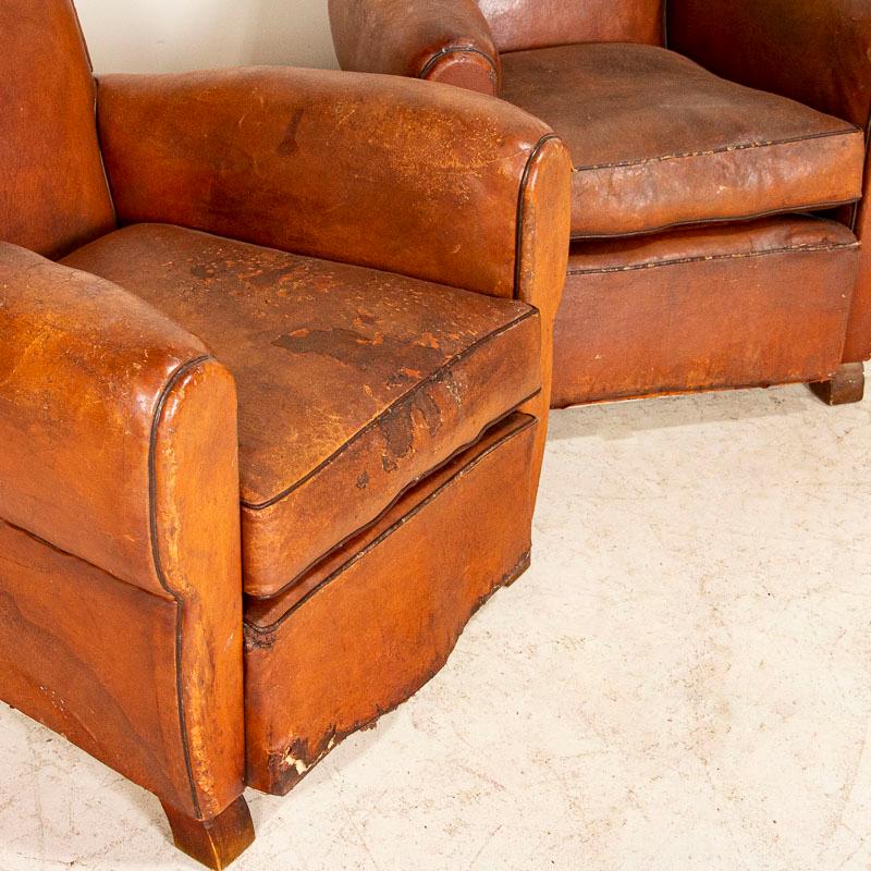 French Pair, Vintage Leather Club Chairs from France