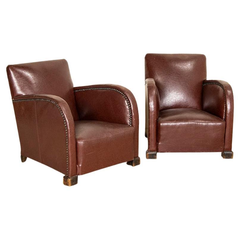 Pair, Vintage Leather Low Sitting Club Chairs from Denmark
