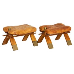 Pair, Antique Leather Stools from Egypt with Embossed Camel, Pharaoh, Isis and P