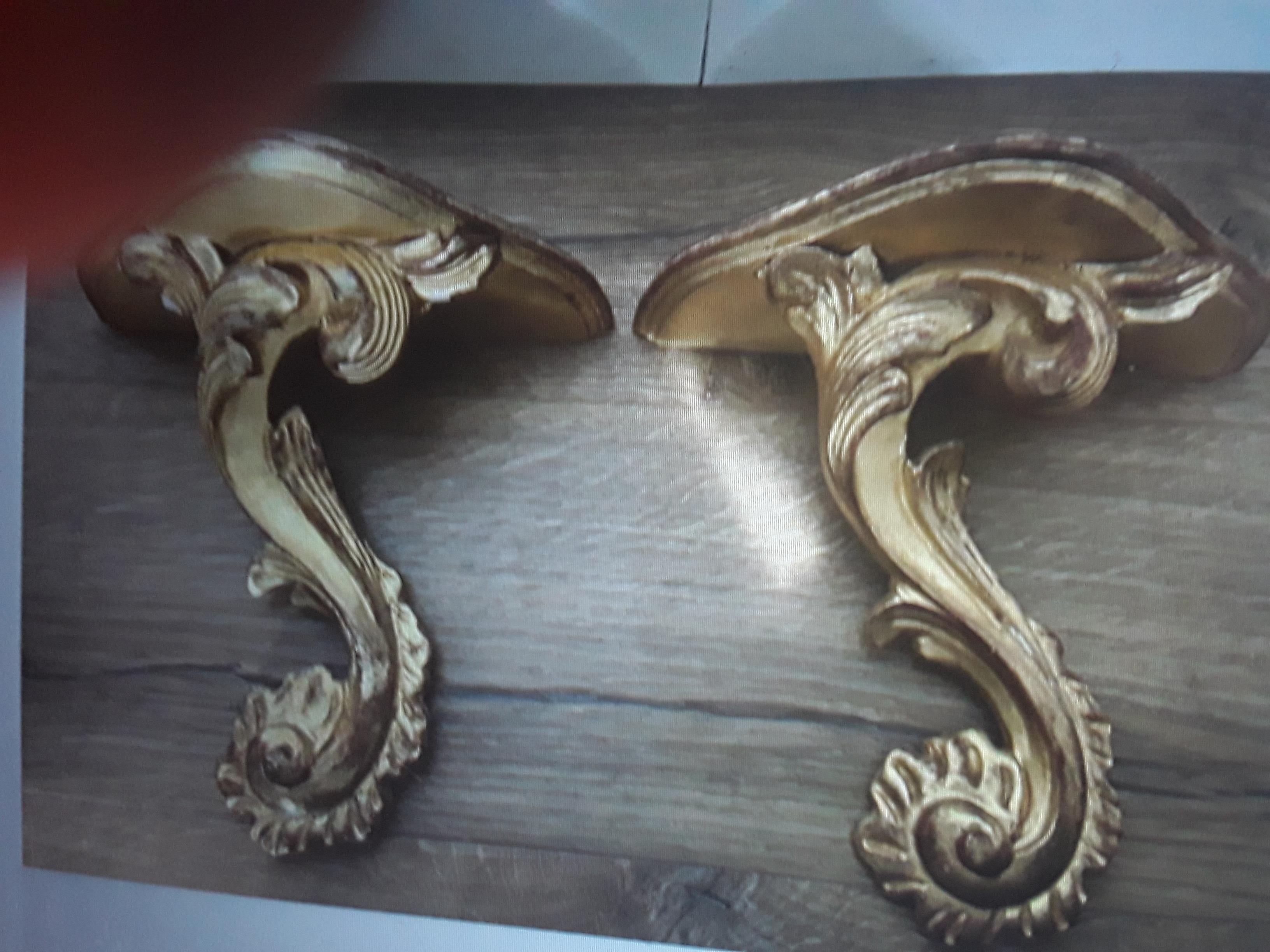 Pair Vintage Louis XV Rococo Carved Giltwood Wall Consoles / Brackets  For Sale 3