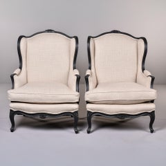 Pair Vintage Louis XV-Style Carved Wingback Chairs with New Upholstery