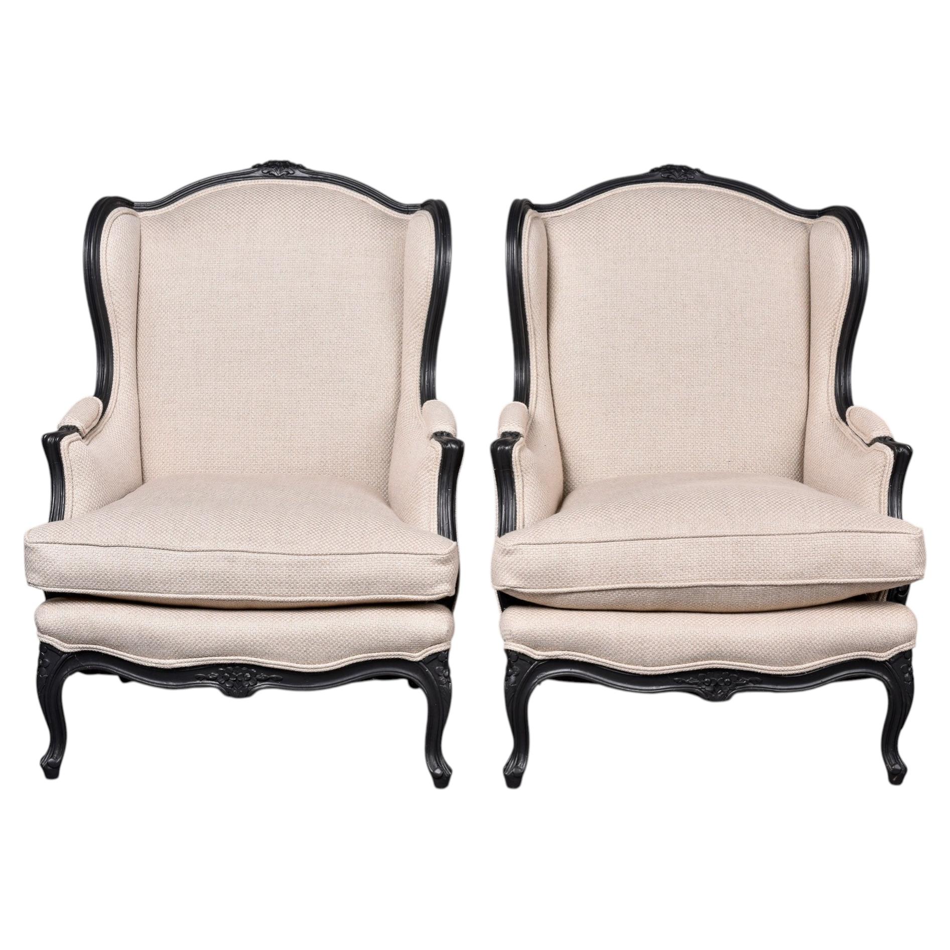 Pair Vintage Louis XV-Style Carved Wingback Chairs with New Upholstery For Sale
