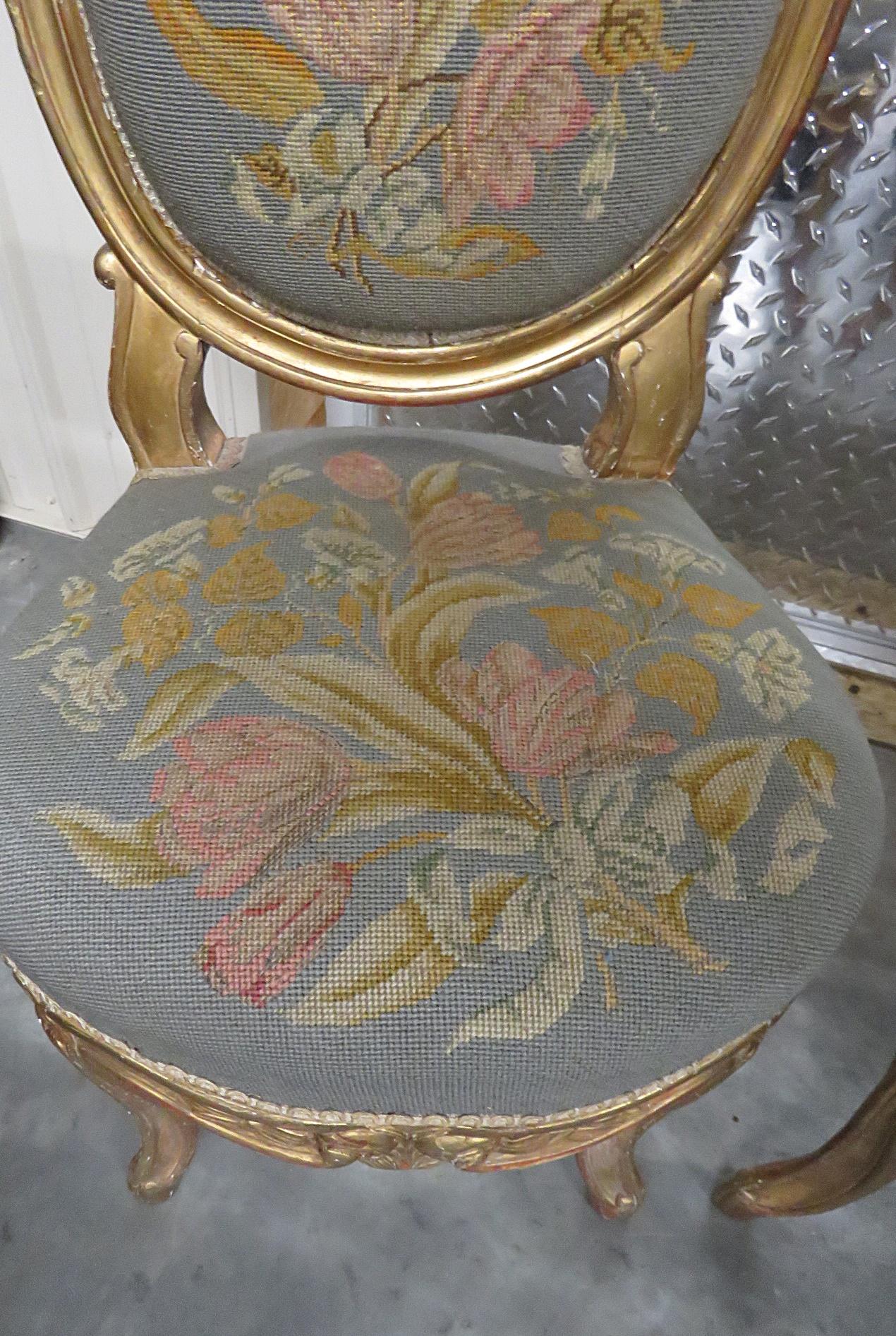 Painted Pair of Vintage Gilded Louis XV Style Needlepoint Side Chairs