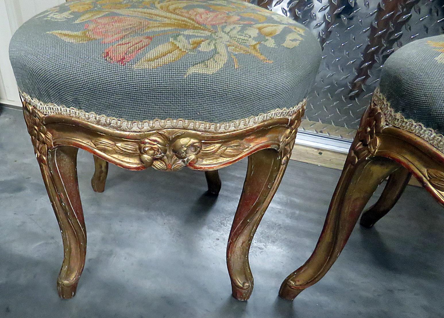 Pair of Vintage Gilded Louis XV Style Needlepoint Side Chairs In Good Condition In Swedesboro, NJ