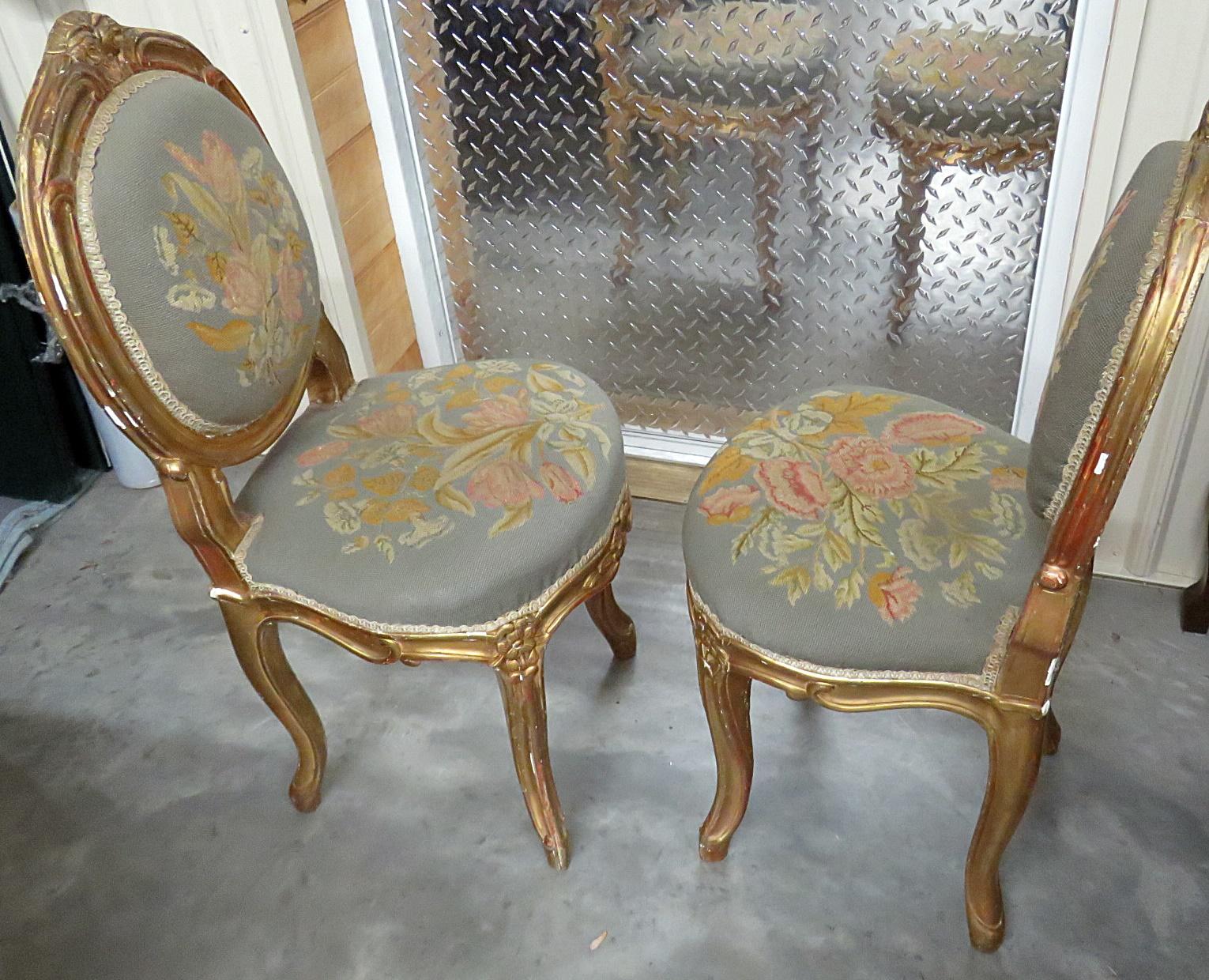 20th Century Pair of Vintage Gilded Louis XV Style Needlepoint Side Chairs
