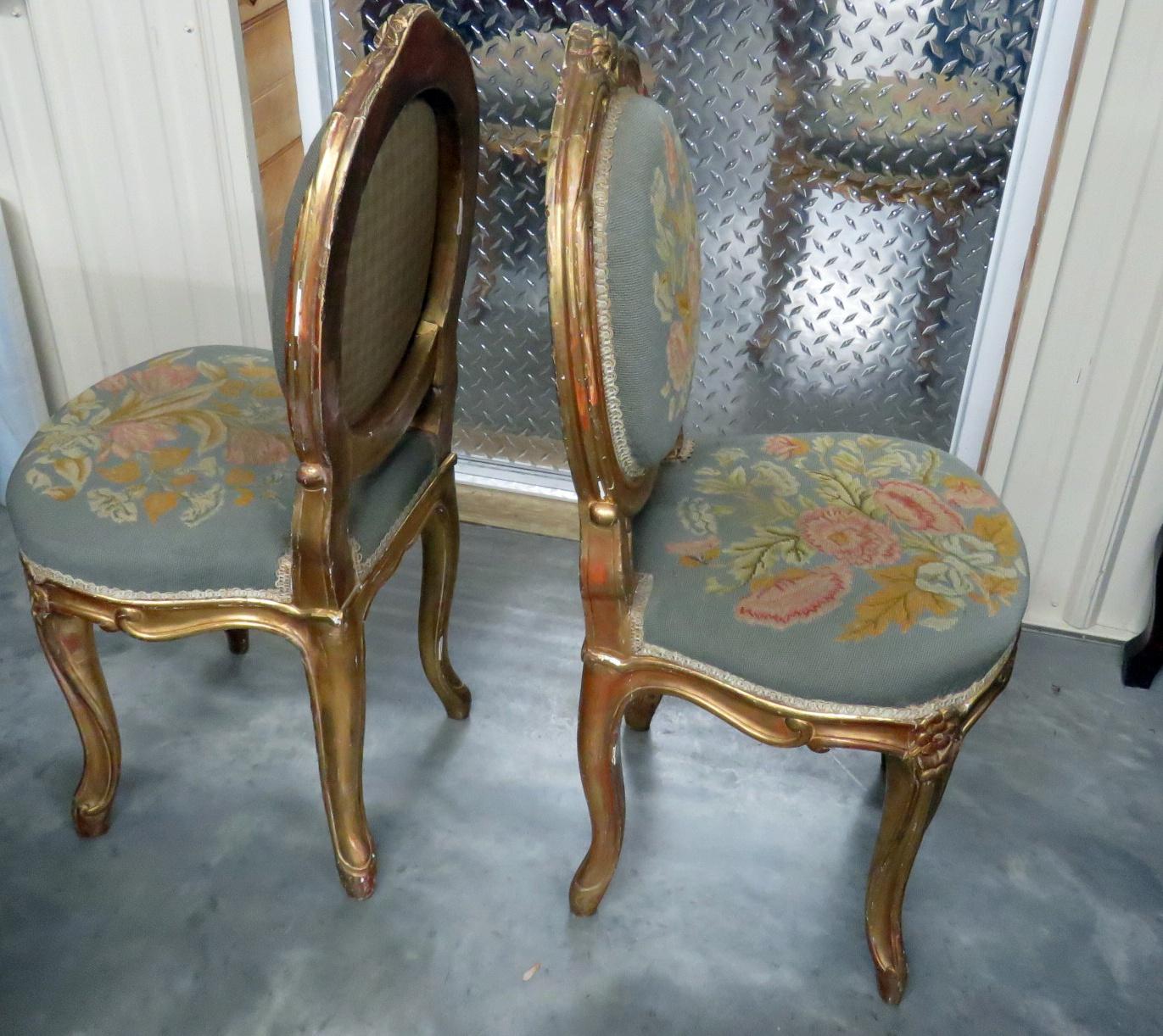 Pair of Vintage Gilded Louis XV Style Needlepoint Side Chairs 2