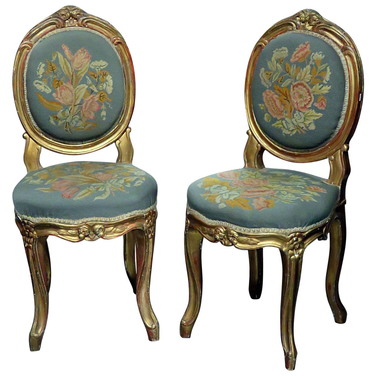 Pair of Vintage Gilded Louis XV Style Needlepoint Side Chairs