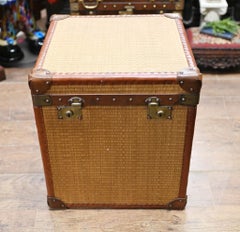 Pair Vintage Luggage Trunks Reed Steamer Case Table