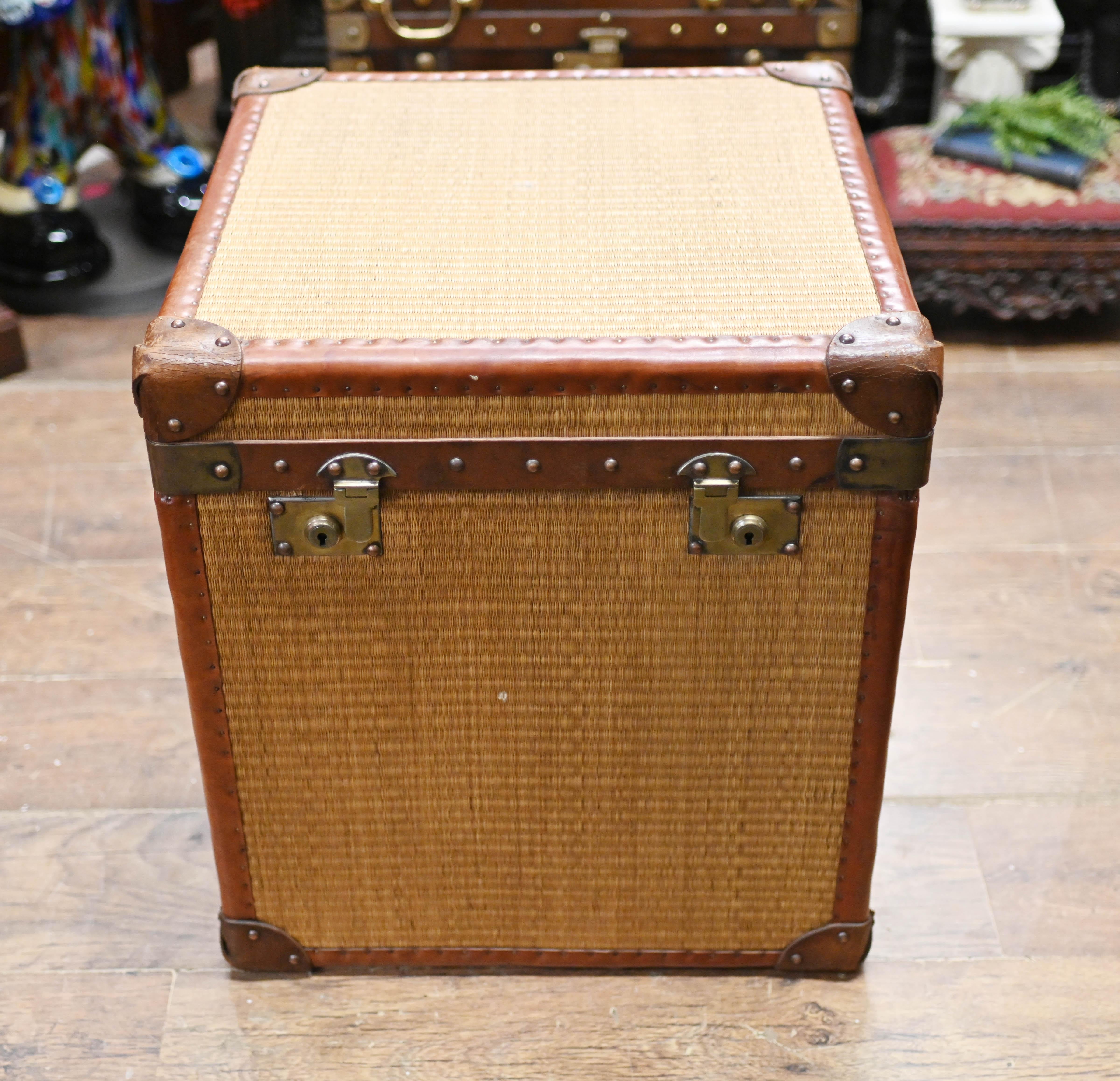 Mid-20th Century Pair Vintage Luggage Trunks Reed Steamer Case Table For Sale