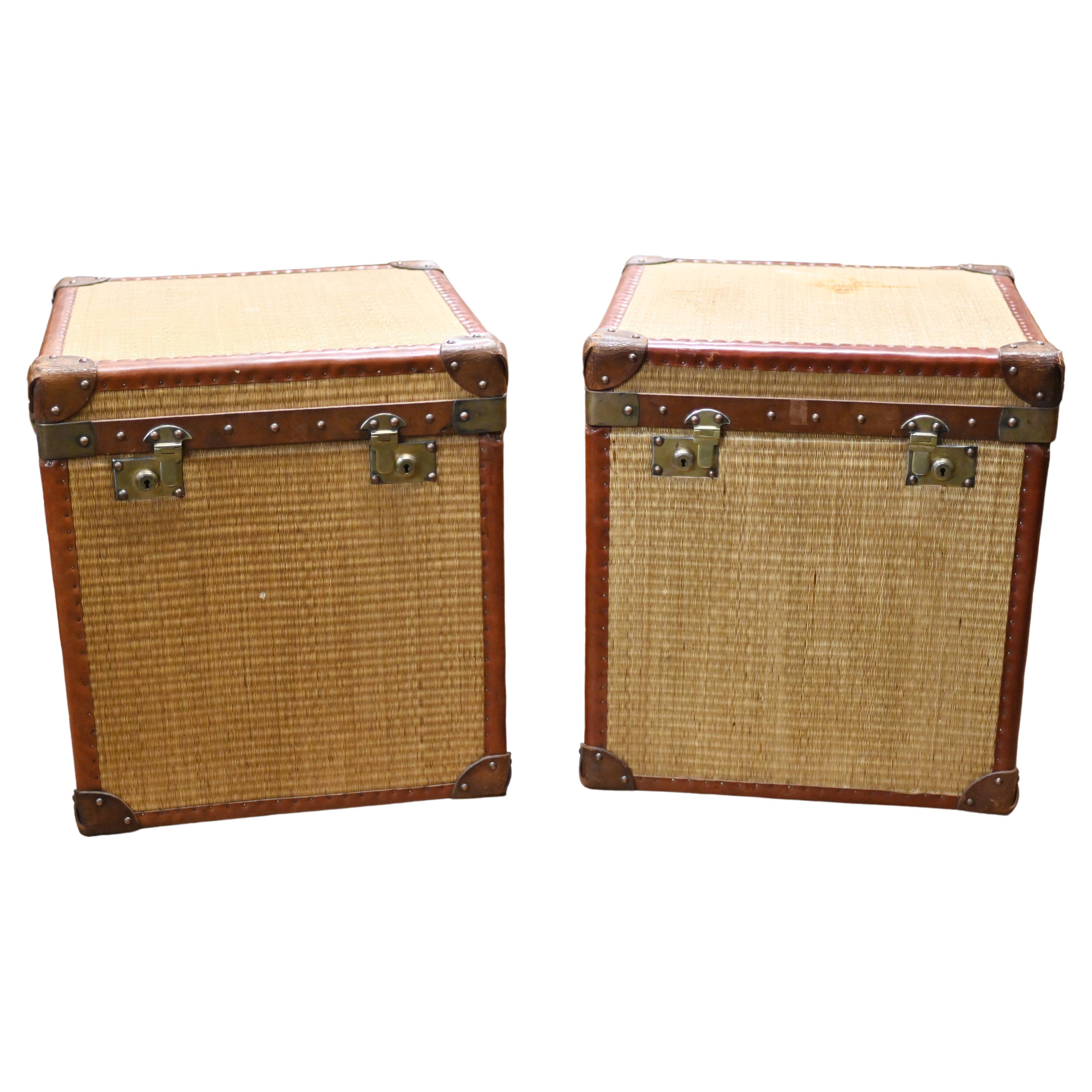 Pair Vintage Luggage Trunks Reed Steamer Case Table For Sale