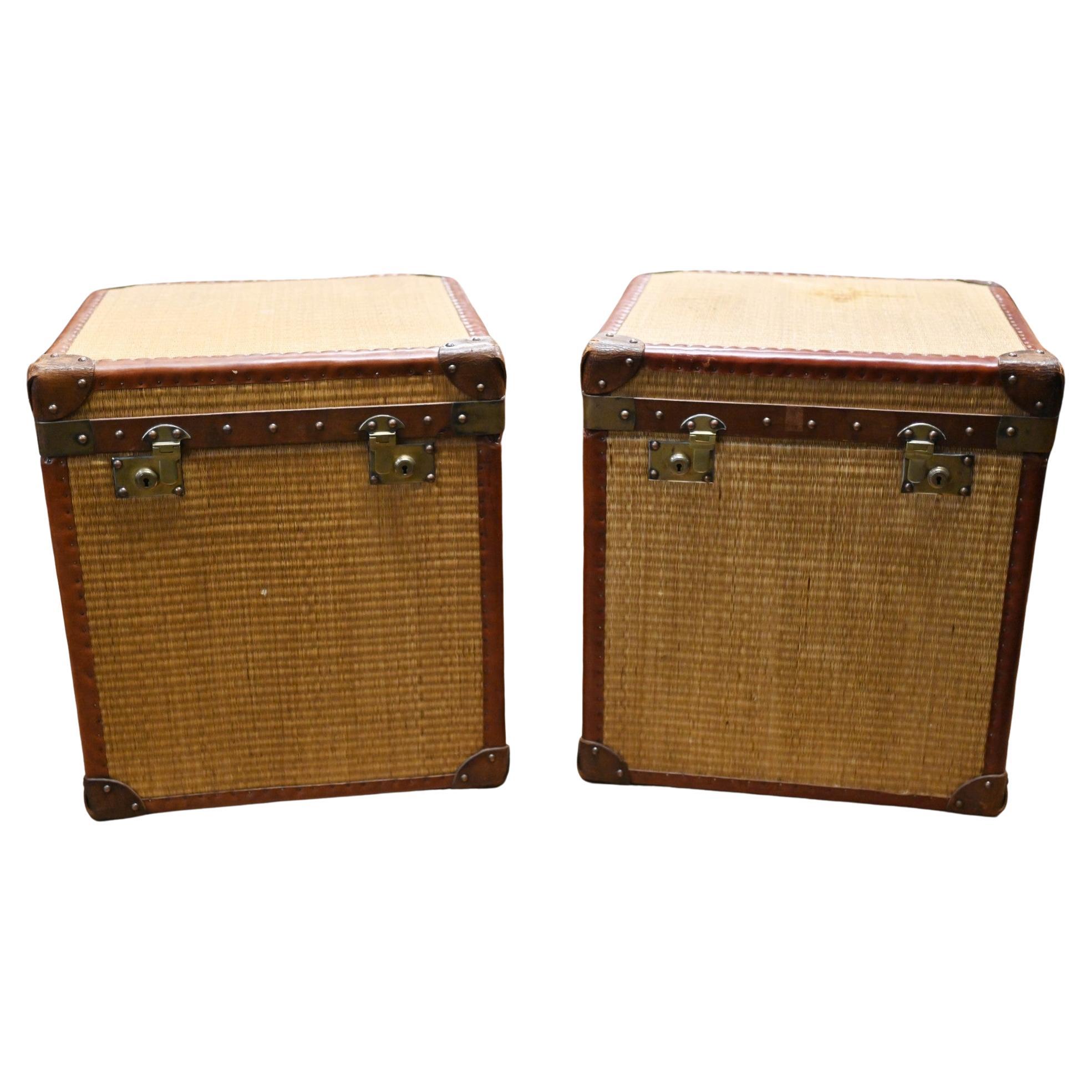 Pair Vintage Luggage Trunks Reed Steamer Case Table For Sale