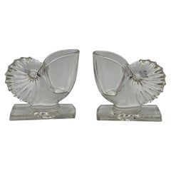 Pair, Vintage Martinsville Glass Nautilus Seashell Form Vases or Bookends