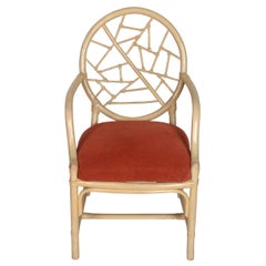 Pair Vintage McGuire Bamboo Chairs With New Coral Chenille Cushions