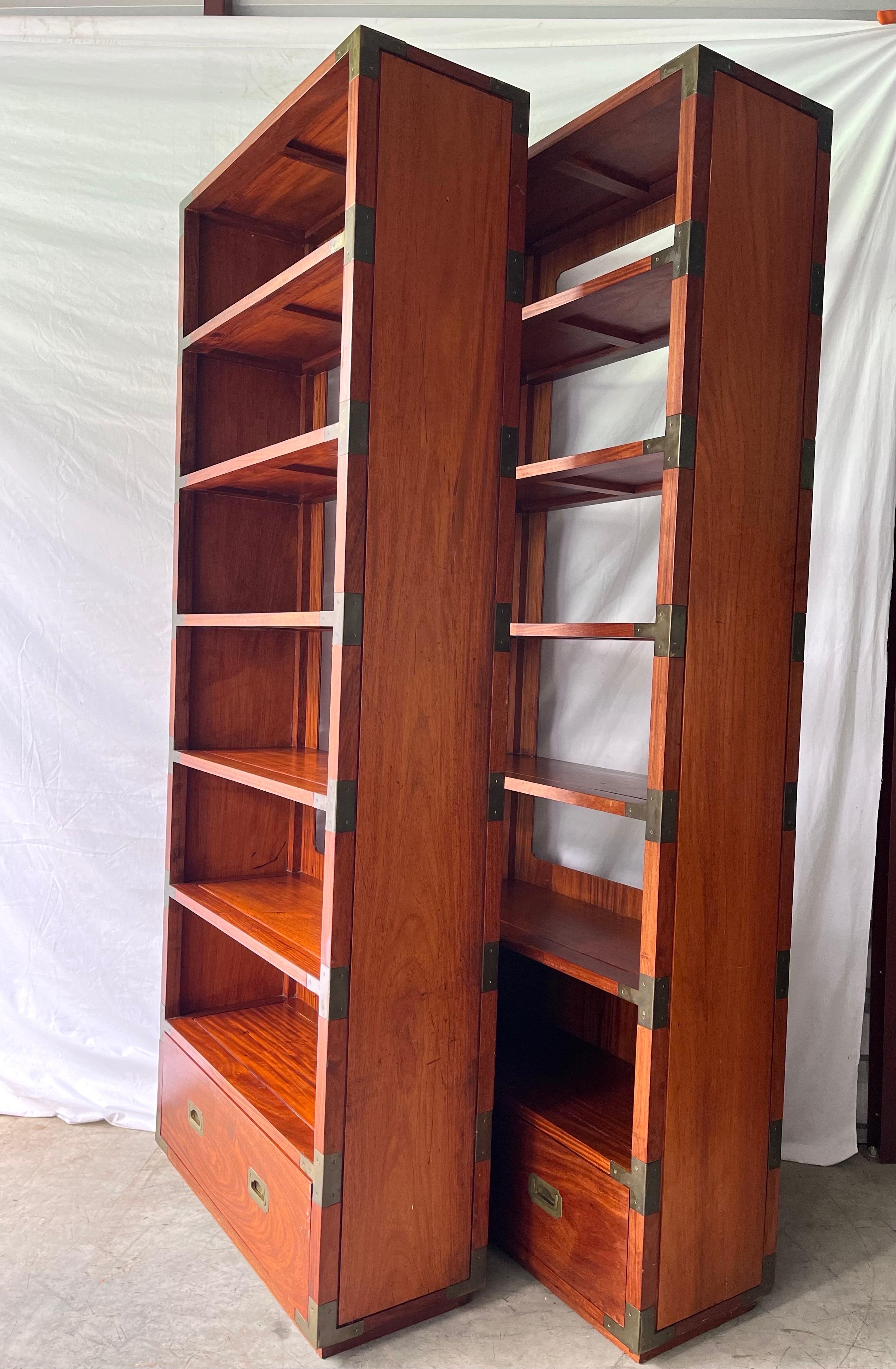 Pair Vintage Mid Century Campaign Style Floating Etagere Bookshelves with Drawer For Sale 6