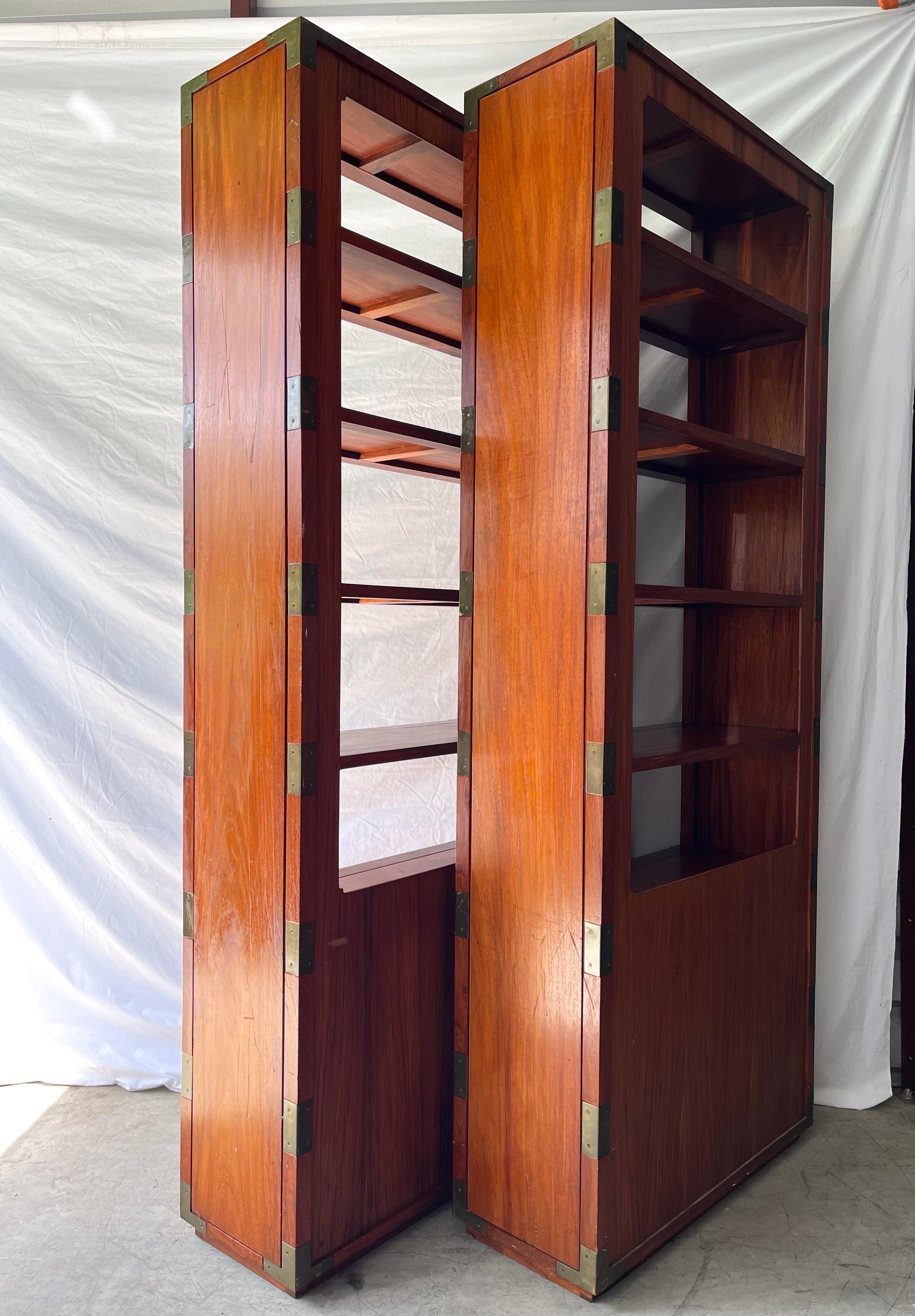 Pair Vintage Mid Century Campaign Style Floating Etagere Bookshelves with Drawer For Sale 8