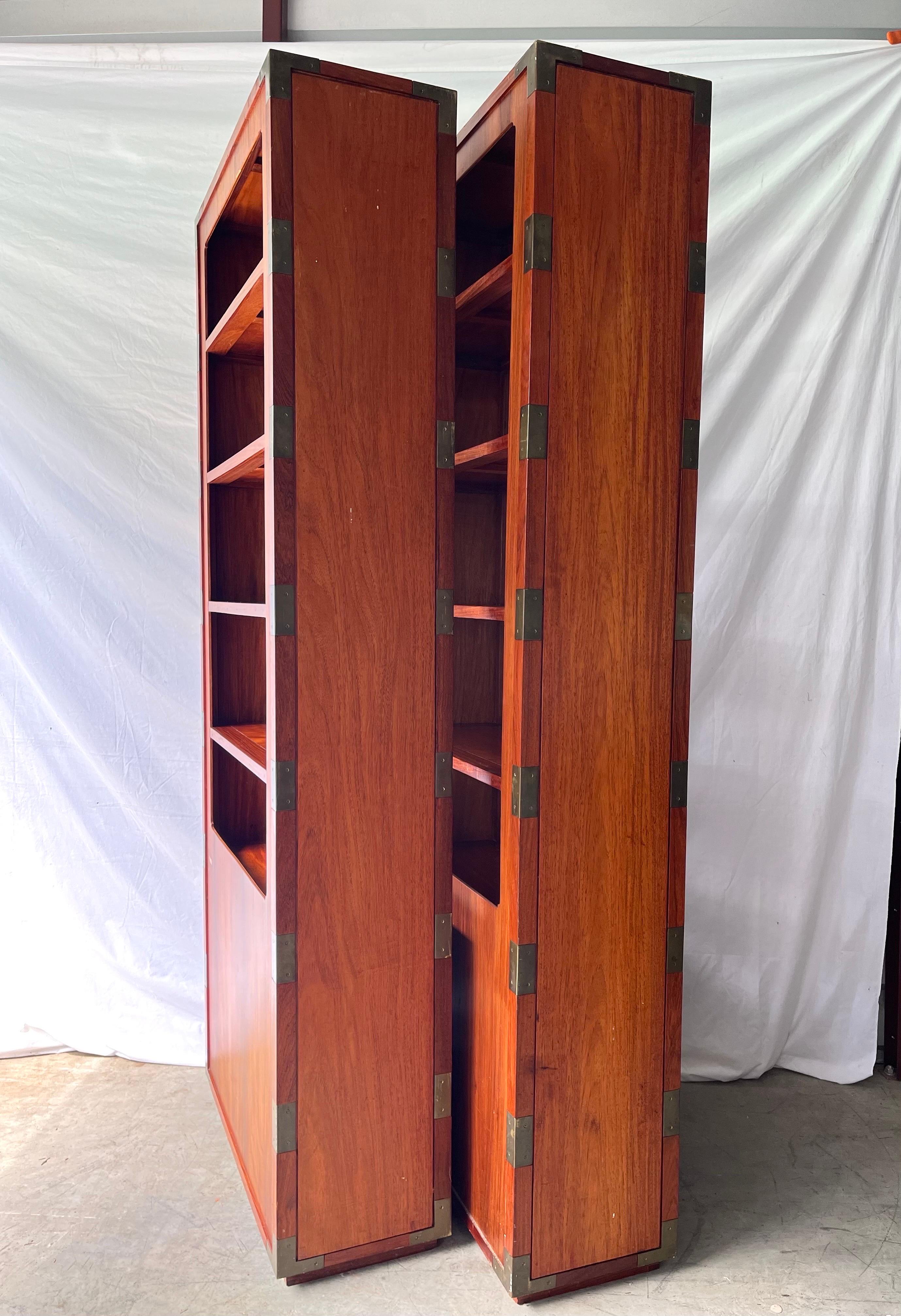 Pair Vintage Mid Century Campaign Style Floating Etagere Bookshelves with Drawer 10