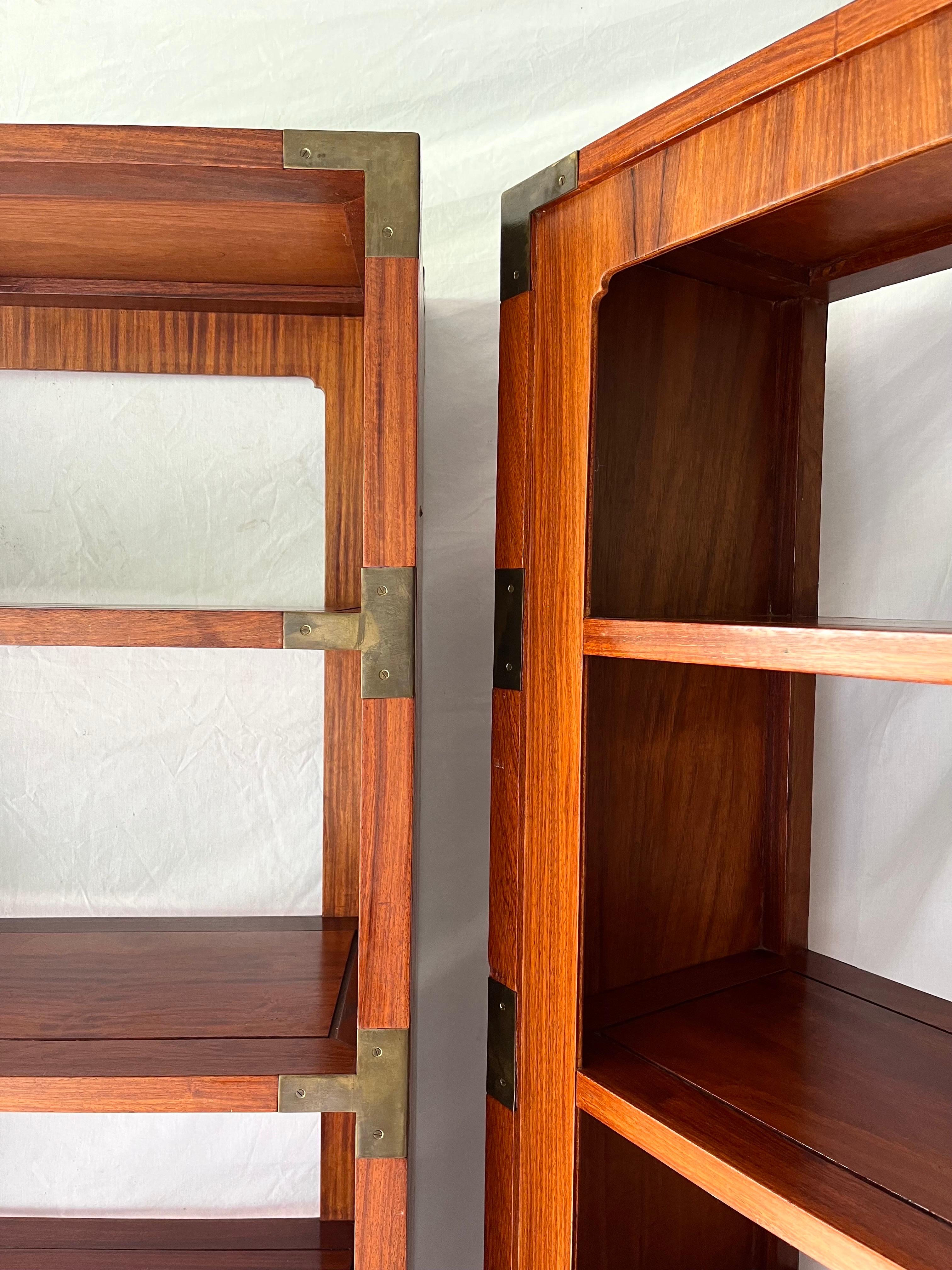 Pair Vintage Mid Century Campaign Style Floating Etagere Bookshelves with Drawer In Good Condition For Sale In Atlanta, GA