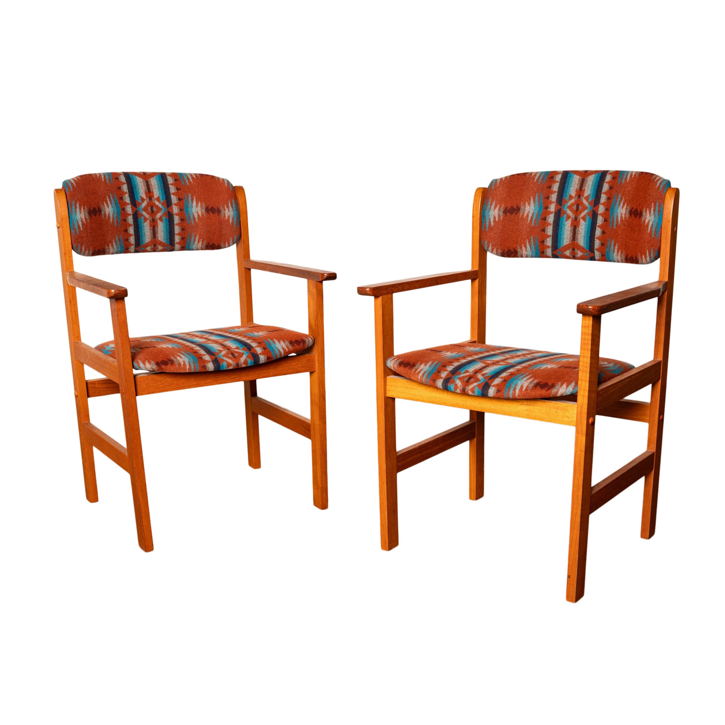 Pair Vintage Mid Century Modern Danish Teak Armchairs Pendleton Wool Fabric 1970 In Good Condition For Sale In Portland, OR