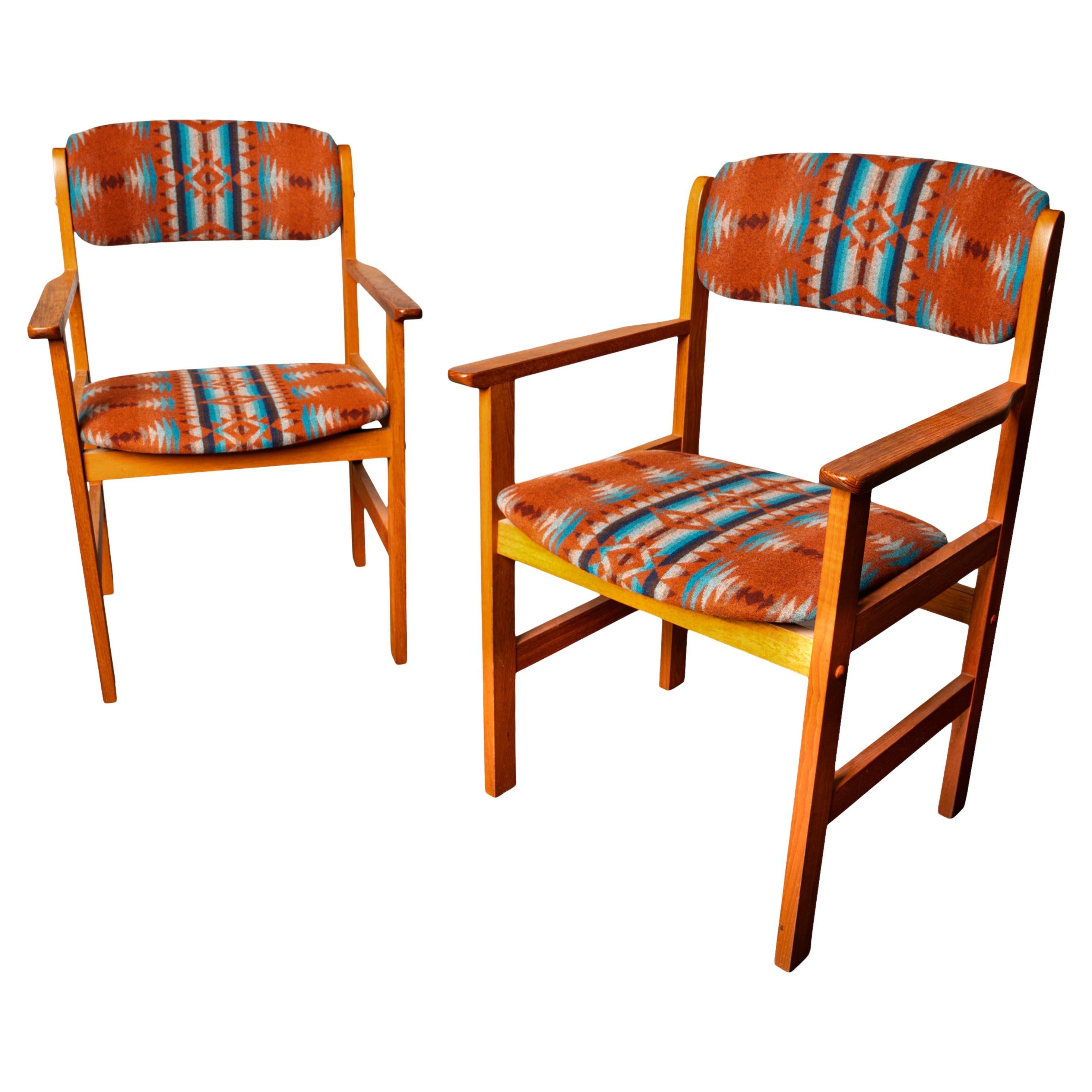 Pair Vintage Mid Century Modern Danish Teak Armchairs Pendleton Wool Fabric 1970 For Sale